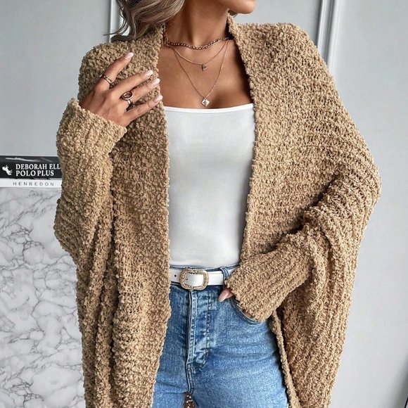 Khaki Casual Womens Batwing Sleeve Open Front Cardigan - Picture 4 of 4